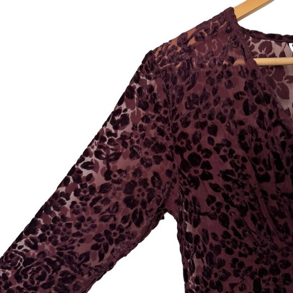 Vintage 1990s Caren Joy Burgundy Laser Cut Floral Velvet Witch Sheer Maxi Dress - Picture 3 of 7